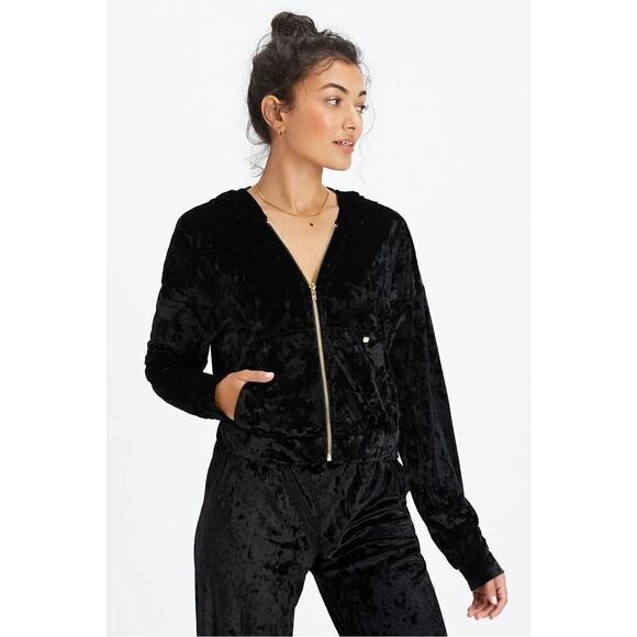 Fabletics Crushed Velour Zip-Up Black Hoodie Women’s XL - Picture 1 of 8
